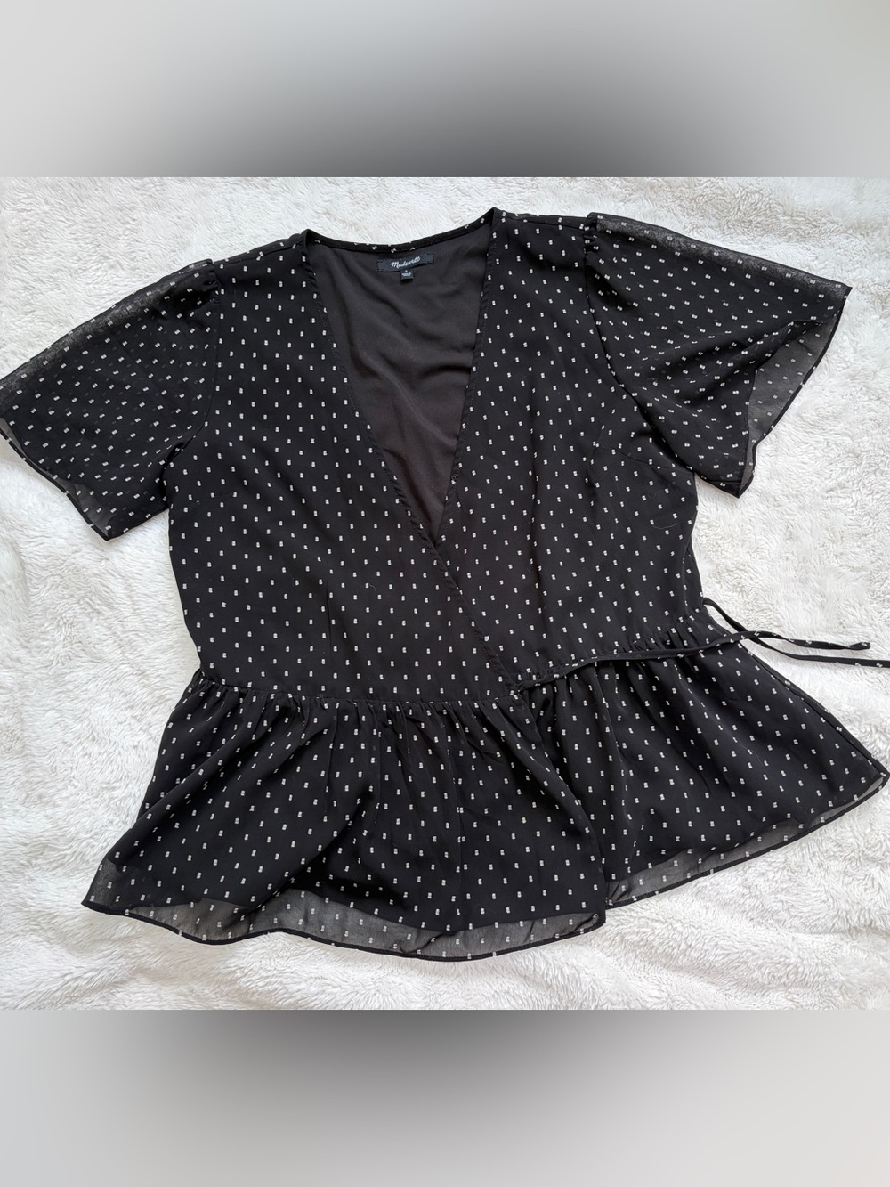 Madewell Black Mini Dot Wrap Peplum Blouse